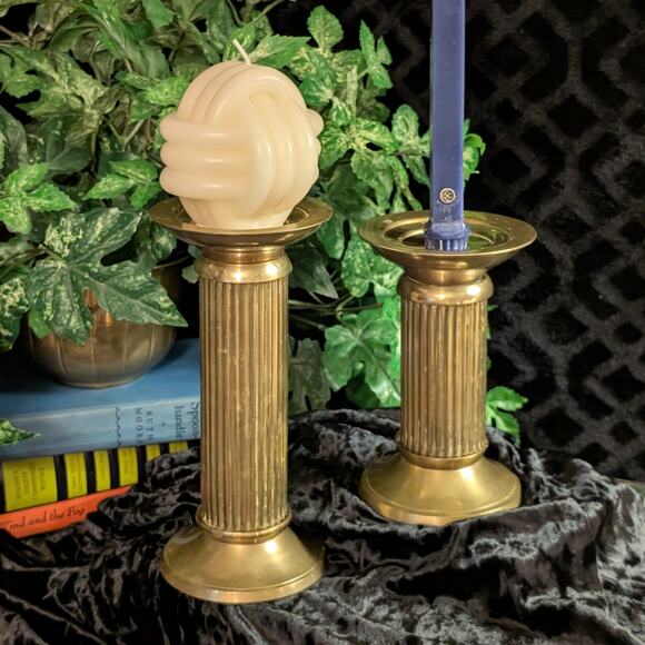 Two Vintage Solid Brass Thick Olympic Style Column Fluted Center Candle Holders - Picture 3 of 8